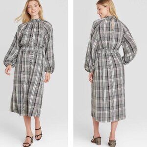 NWT XS A New Day Plaid Black/White Long Sleeve Smocked Dress